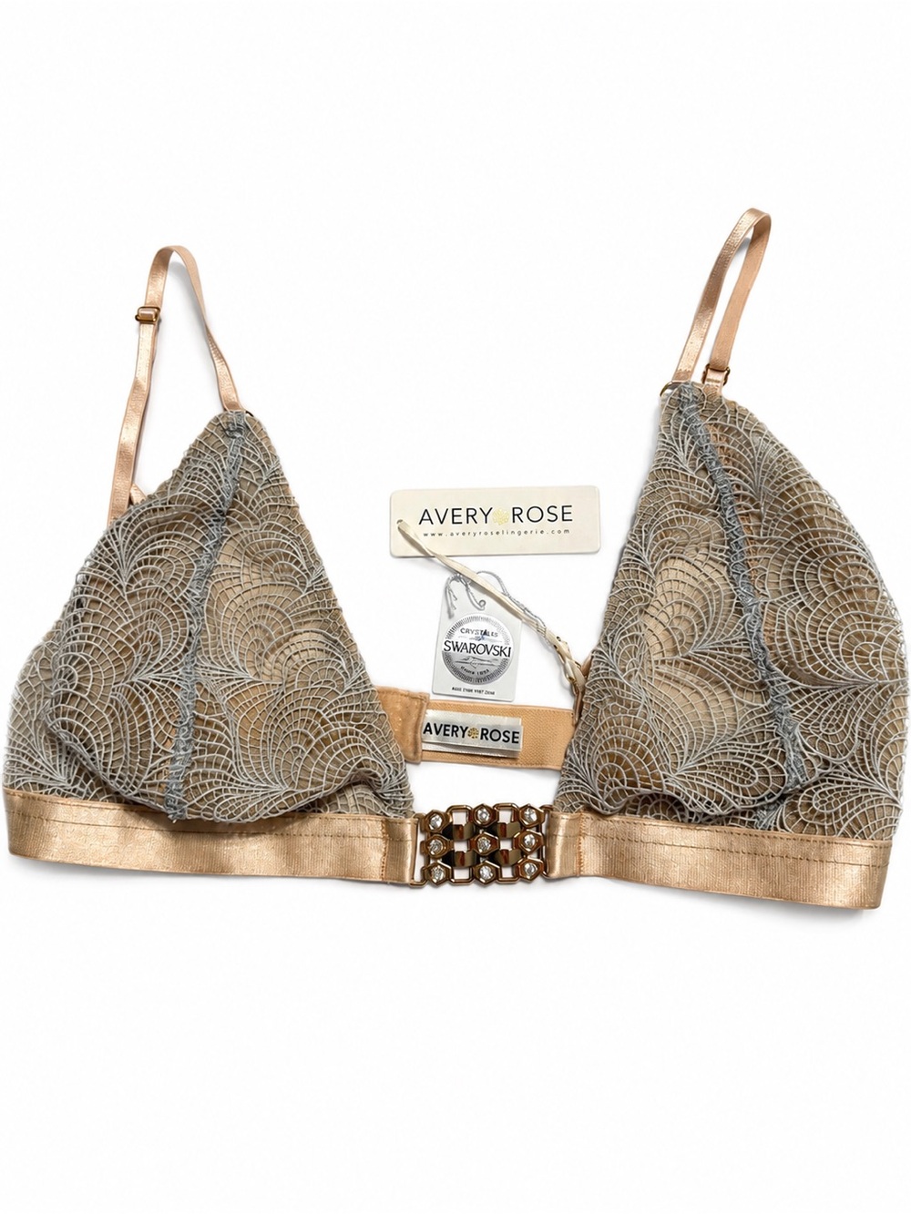 Avery Rose Swarovski Crystal Lace Bralette Bra Gold Gray NWT Large Lingerie
